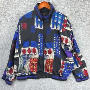 Laura Tyler Windbreaker Abstract Geometric 90s Vintage Womens Medium Black Retro